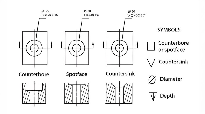 differences between spotface vs counterbore holes in drawing